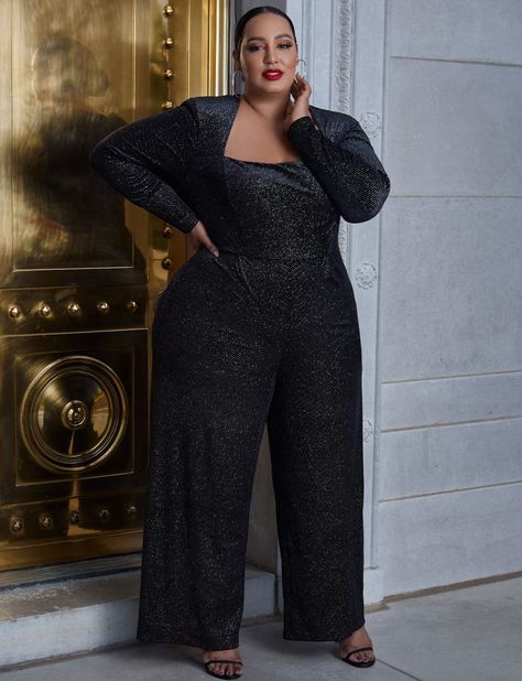 Strong Shoulder Velvet Jumpsuit | Women's Plus Size Dresses | ELOQUII Chambray Jumpsuit, Satin Romper, Pattern Romper, Velvet Jumpsuit, Strong Shoulders, Waist Sash, Plus Size Party Dresses, Knit Jumpsuit, Plus Size Designers