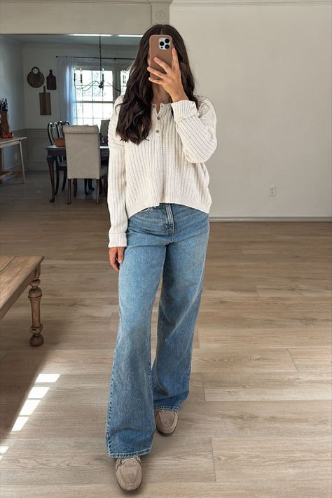 No Boundaries Henley Sweater, … curated on LTK Long Sleeve Henley Outfit, Henley Sweater Outfit, Henley Top Outfit Aesthetic, Henley Top Outfit, Wide Leg Jean Outfits, Mommy Outfits, Mom Jeans Outfit, High Rise Wide Leg Jeans, Henley Sweater