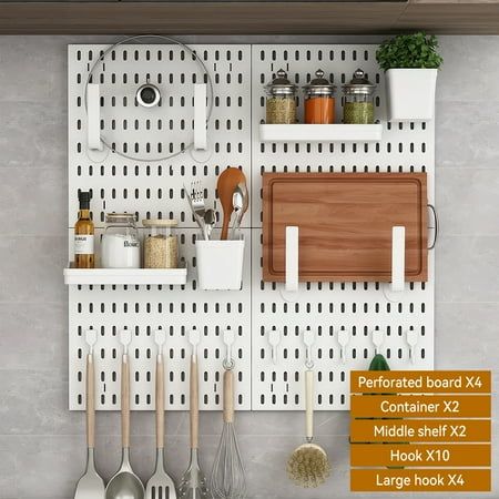 Shelf Shelves Punch-Free Storage Shelf Peg Boards Hole Plate Peg Board Feature: 1. 100% new plastic, safe and hygienic 2. Nordic simple style, good appearance, easy to disassemble, free combination of accessories 3. Storage on the wall saves space, drains and ventilates water, prevents water accumulation and reduces bacterial growth. 4. The snap-on buckle can be installed with bare hands and weighs 15 kg. Product Description: Detail: Thickened structure, stronger weighing, rounded corners, safe Peg Board Kitchen, Peg Board Organization, Kitchen Pegboard, Pegboard Kitchen, Pegboard Wall, Hanging Wall Organizer, Ny Apartment, Peg Boards, Pegboard Organization