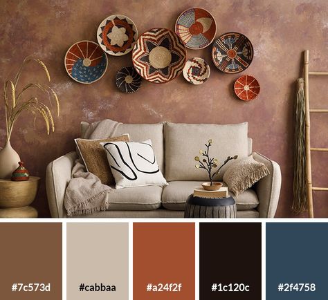 17 Boho Color Palette Ideas (with Hex Codes) - Vandelay Design Western Living Room Colors, Bohemian Painting Ideas Wall Colors, Desert Mountain Color Palette, Western Color Palette Ranch, Bobo Color Pallete, Terracota Colour Pallet, Southwest Wall Colors, Sedona Color Palette, Cowboy Color Palette