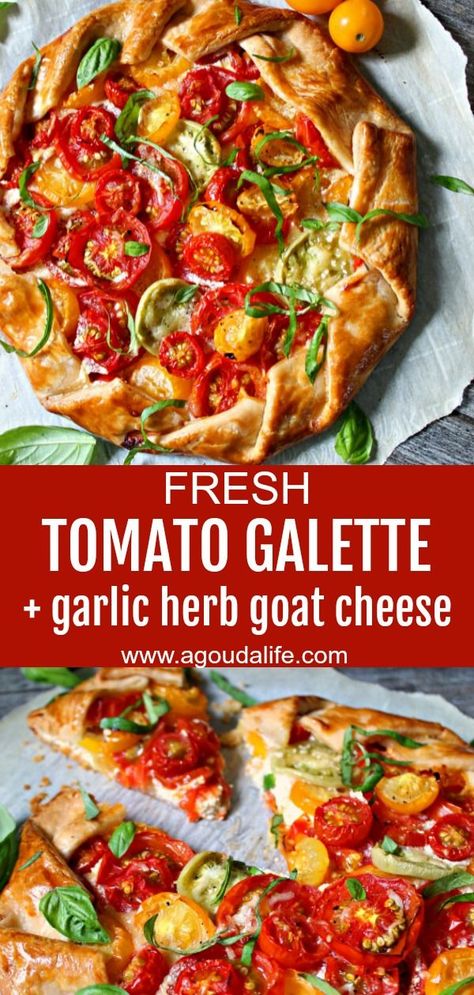 Tomato Galette ~ sweet summer tomatoes baked with tangy goat cheese and fresh herbs wrapped in a buttery, flaky crust. Use store bought or homemade dough. #galette #tomatoes #tomatogalette #easysummerrecipes #easyrecipes #tomatopie Goat Cheese Galette, Cheese Galette, Tomato Galette, Buttery Flaky Pie Crust, Goat Cheese Tart, Galette Recipe, Baked Tomatoes, Tomato Tart, Tomato Pie