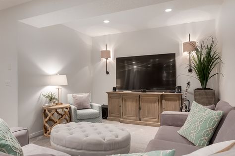 Restoration Hardware Sconces, Family Snuggles, Tv Ideas, Wall Sconces Living Room, Basement Inspiration, Sconces Living Room, Family Room Walls, Cozy Basement, Upstairs Loft