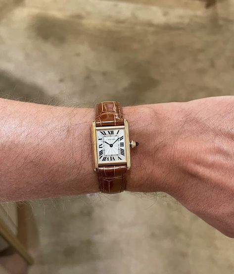 Tank Louis Cartier Watch, Gold Watch With Leather Strap, Cartier Leather Watch, Cartier Gold Watch, Masculine Accessories, Tank Louis Cartier, Cartier Tank Louis, Cartier Watches Mens, Timeless Watch