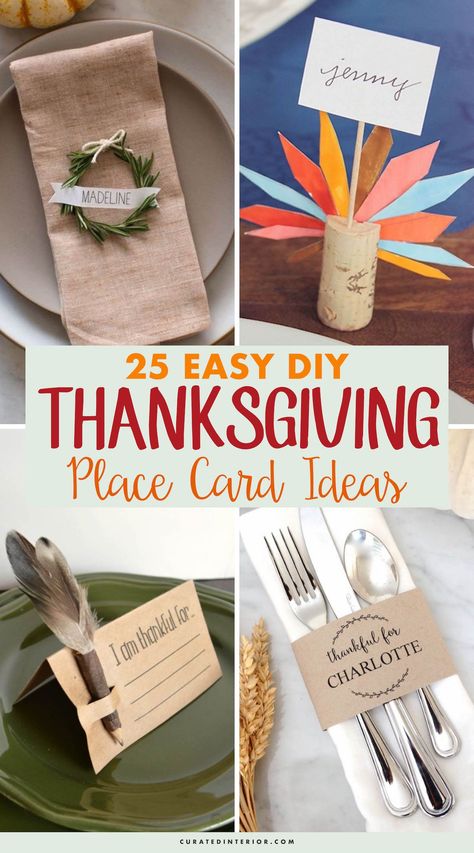 25 Easy DIY Thanksgiving Place Card Ideas #Thanksgiving #ThanksgivingDecor #ThanksgivingTable #ThanksgivingTableDecor Fall Place Card Ideas, Thanksgiving Table Setting Diy, Simple Thanksgiving Place Cards, Fall Table Name Cards, Thanksgiving Name Cards Diy, Name Cards For Thanksgiving Dinner, Thanksgiving Place Holders Diy, Thanksgiving Diy Table Settings, Thanksgiving Table Name Cards Diy