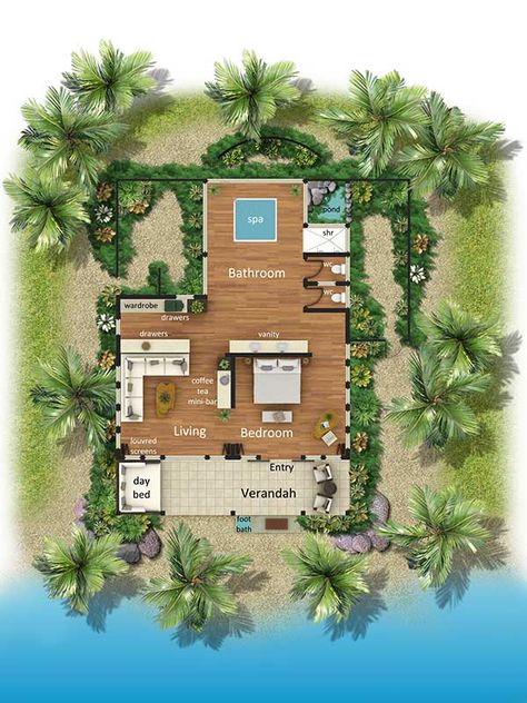 Layout of the typical Turtle Island Bure (Fijian traditional cottage - although I doubt the locals had spas in their bure). Lake Cottage House Plans, Tropical House Plans, Cottage Design Plans, Vacation House Plans, Resort Plan, Hotel Floor Plan, Villa Resort, Hotel Floor, Little House Plans