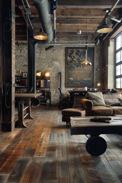 Vintage Industrial Interior, Decor Ideas For Apartments, Loft Style Living, Brick Room, Industrial Living Room, Industrial Loft Design, Ideas For Apartments, Vintage Decor Ideas, Loft Interior Design