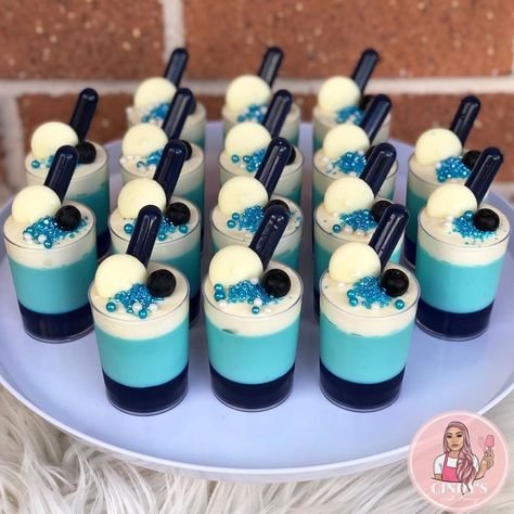 SYDNEY DESSERT CUPS AND SWEETS on Instagram: “Still dreaming about these vanilla bean panna cotta trifle cups from last weekend though... 🦋” Mini Trifle Cups, Blue Dessert Cups, Blue Dessert Table, Trifle Cups, Dessert Bar Party, Blue Desert, Mini Dessert Cups, White Desserts