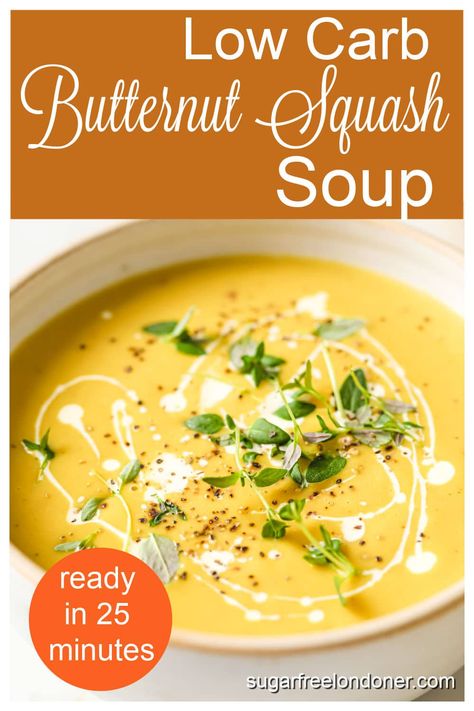 This creamy low carb butternut squash soup is such a comforting and quick meal! It's a family favourite for autumn and winter and ready in just 25 minutes. Butternut Squash And Carrot Soup, Paleo Butternut Squash Soup, Squash And Carrot Soup, Vegan Butternut Squash Soup, Frozen Butternut Squash, Butternut Squash Soup Recipe, Pinterest Food, Butternut Soup, Cheese Burger Soup Recipes