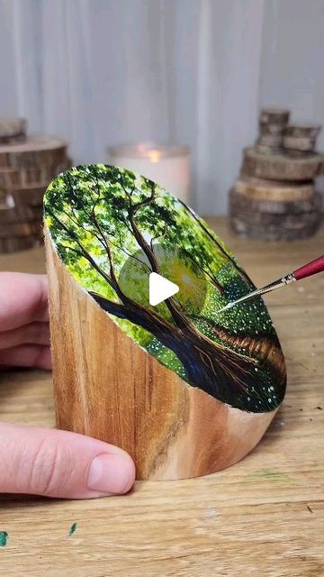 Bethany Ann C. on Instagram: "My newest painting ��💛 Another Tabletop Timber. I am loving them so much! ☺️  "In the Sun-kissed Forest" An acrylic painting done on a slanted wood cut(sourced from a fallen tree branch) Red Cedar from Florida   Height: 4.3 inches Width: 3.4 inches Stands at 3.9 inches tall Depth: 2.75 inches  #forest #enchanted #painting #sun #sunkissed #wood #acrylicpainting" Enchanted Painting, Tree Slice Art, Forest Enchanted, Fallen Tree, Sun Painting, Wood Slice Art, Cedar Trees, Wood Artist, Forest Painting