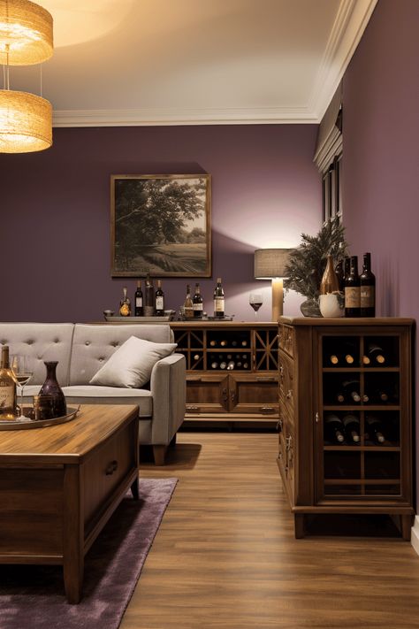 Colors that Go with Plum Walls: Realistic Living Area with Quality Brown Furniture Paint Color Room Ideas, Living Room Purple Decor, Wine Bedroom Color, Wall Colors For Living Room With Brown Furniture, Plum Color Walls, Deep Purple Dining Room, Coloring Wall Ideas, Plum Paint Colors Living Room, Plum Suede Magnolia Paint