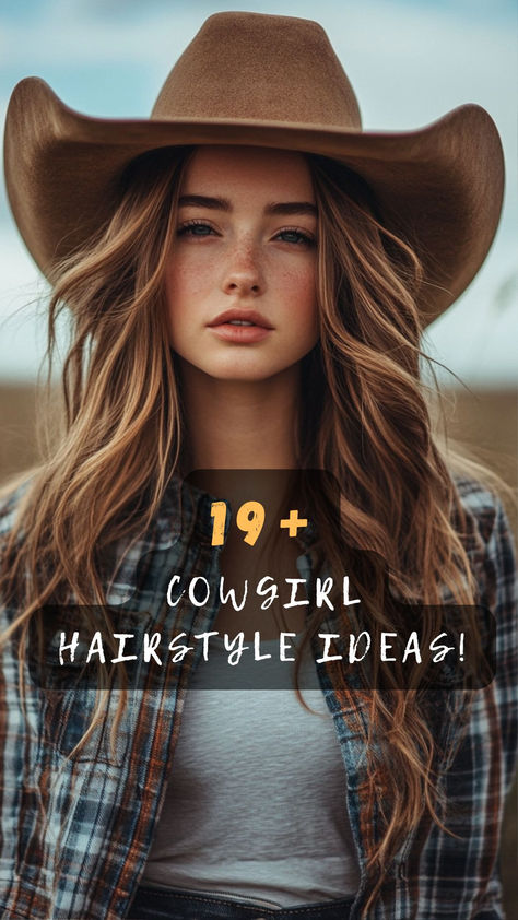 Want to channel your inner cowgirl? Click to explore 19 chic cowgirl hairstyles. Perfect for adding a rustic charm to your look! 🌾👢 #CowgirlStyle #Hairstyles #RusticCharm #HairInspiration #ChicLooks Hairstyles For Wearing A Cowboy Hat, Cute Country Hair Styles, Western Cowgirl Hairstyles, Cowboy Hat With Ponytail, Easy Western Outfit For Women, Hairstyles For Cowboy Hats Hair, Hair For Cowboy Hats, Southern Hairstyles Country, Cow Girl Hairstyles