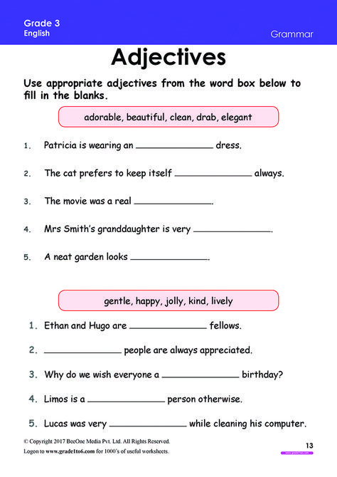 Subscribe to https://www.grade1to6.com/register-new.php#home for just $1.25 / Rs 100 a Year to access 6000 plus English & Math Worksheets for Grade 1 to Grade 6 Curriculum: CBSE / ICSE / NCERT/ SCERT / IB (PYP / MYP1) #mathworksheets #englishworksheets #backtoschool #cbse #pyp Tenses Worksheet, Third Grade Grammar Worksheets, Third Grade Grammar, Adjectives Exercises, Third Grade Worksheets, Free English Worksheets, English Adjectives, Adjective Worksheet, Worksheets For Grade 3