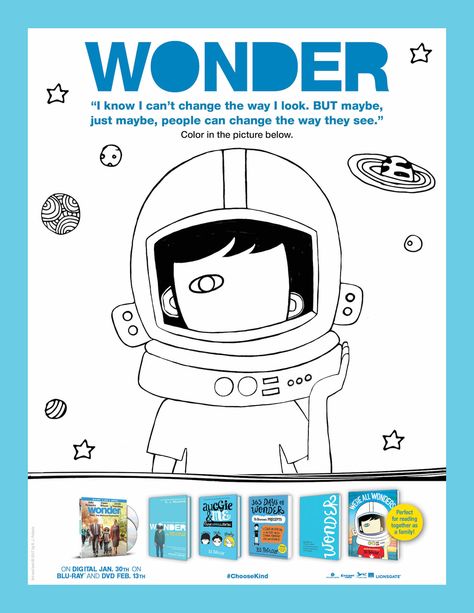 Printable Wonder Activity Sheets + Bluray Giveaway - Life. Family. Joy Wonder Auggie, Wonder Novel, Wonder Activities, Wonder Movie, Earth Coloring Pages, Household Budget Template, Birth Announcement Template, Wonder Book, Educational Worksheets