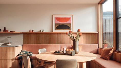 Oak Table And Chairs, Peaceful Interior, Corner Seating, Built In Seating, Melbourne House, Old Room, Banquette Seating, Terrazzo Flooring, Built In Bench