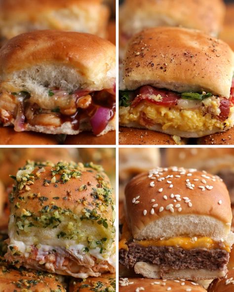 Sliders Four Ways Chicken Parmesan Sliders, Resep Sandwich, Masakan Malaysia, Bbq Chicken Sliders, Breakfast Slider, Cheeseburger Sliders, God Mad, Tasty Videos, Slider Recipes