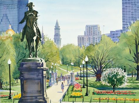 Boston Public Garden in spring by Sergio Roffo.  He usually paints beautiful oil landscapes, so this watercolor was a treat to find. #watercolor #bostonpublicgarden #boston #art #painting Boston Poster Aesthetic, Boston Drawing, Cartography Illustration, Boston Watercolor, Boston Painting, Architecture Journal, Ideas Cuadros, Boston Garden, Pen Art Work