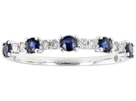 Park Avenue Collection® 0.51ctw round blue sapphire and 0.13ctw of round white diamond, rhodium over 14k white gold band ring. Measures approximately 13/16"L x 1/16"W and is sizeable. Blue Sapphire Wedding Band, Sapphire And Diamond Band, Sapphire Band, Gold Band Ring, White Gold Band, Park Avenue, Sapphire Gemstone, Sapphire Diamond, Gold Band