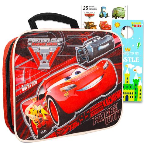 PRICES MAY VARY. This Disney Cars Lunch Box for Boys Kids Bundle ~ Premium 2-Sided Insulated Lightning McQueen Lunch Bag and More (Disney Cars School Supplies). Fans of all ages will love the bright and colorful 2-sided artwork of this lunch bag. Crafted of a durable polyester and BPA free for added safety. Disney Cars lunch bag measures approximately 9" x 8" x 3" with padded carrying handle for extra comfort. This insulated lunch box is perfect for keeping food, snacks, and drinks fresh for hou Lighting Mcqueen, Kids Castle, Food Containers Lunch, Birthday Bag, Disney Kitchen, Baby Milestone Blanket, Disney Colors, Food Snacks, Insulated Lunch Box