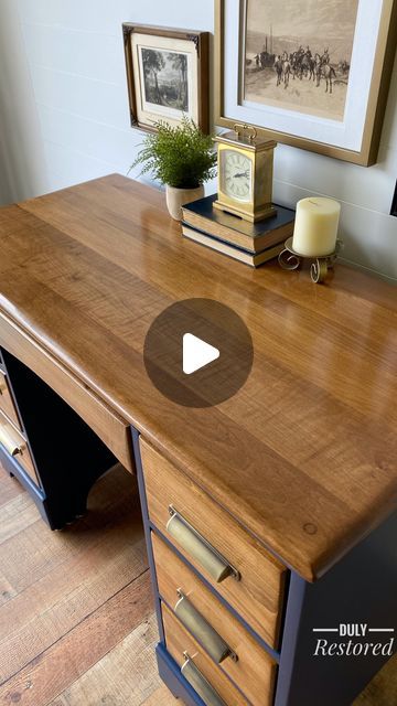 Kim Shortridge | Furniture Artist | DIY on Instagram: "Comment “Blue” for the tools and products used.   This antique desk had been in my client’s family for over 70 years. It was due for an update. Small changes in the shape of the bottom trim, new hardware, pretty drawer liners and new paint gave it a fresh look while keeping a timeless look. It’s now ready for another 70 years of use🥰 Do you like the result?  #melangeclassicnavy #generalfinishes #zibradrama #zibradesks #dmvfurnitureflips #antiquedesks" Antique Wooden Desk Makeover, Diy Paint Desk, Queen Anne Desk Makeover, Diy Desk Makeover Ideas, Teachers Desk Makeover, Mcm Desk Makeover, Oak Desk Makeover, Desk Restoration Ideas, Painted Desks Ideas Colors