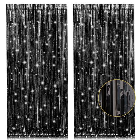 PRICES MAY VARY. 【Value Pack of 2】2 pack black fringe backdrop, extra large size (width x drop) 3.2 x 8.2 ft each. With this black foil curtains , you can make an elegant entrance curtain for your guests. 【Premium Material】This shiny tinsel foil fringes curtain is made of 2.3μPET film material, lightweight and durable sparkle metallic fringe curtains. Can be used for Photo Backdrop/ Disco/ Door Decoration/ Stage Background. 【Easy installation】There is double self-adhesive tape on the top of each Foil Picture Backdrop, Curtain Lights Black, Cubicle For New Years, Black Curtain Lights Backdrop, Black Sheer Backdrop With Lights, Black Curtains With Lights Backdrop, New Year Photo Backdrop, Harry Potter Birthday Party Backdrop, Gold Bachelorette Party Decorations