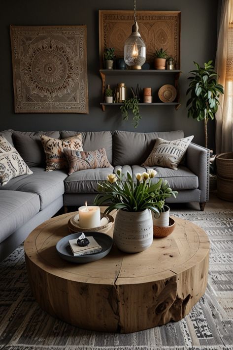 Sage Green And Dark Grey Living Room, Black Leather And Wood Living Room, Boho With Grey Couch, Boho Clean Living Room, Black Green Wood Living Room, Clean Boho Decor, Grey And Natural Wood Living Room, Minimalist Nature Living Room, Small Modern Rustic Living Room Ideas