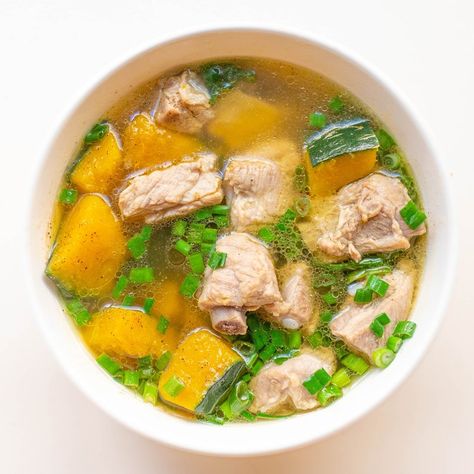 Vietnamese Stuffed Bitter Melon Soup (Canh Khổ Qua Nhồi Thịt) — Vicky Pham Winter Melon Soup, Kabocha Squash Soup, Soup With Pork, Rib Soup, Melon Soup, Vietnamese Soup, Vietnamese Pork, Pork Soup, Kabocha Squash