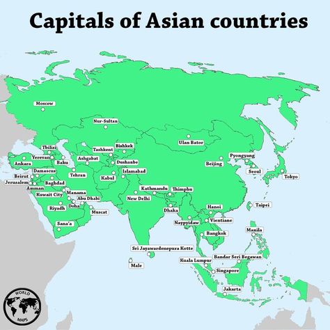 Here's a map of Asian countries and their capitals 🏙️ Countries And Their Capitals, Asian Maps, Naypyidaw, Bandar Seri Begawan, Country Facts, Geography Map, Asia Map, Kuwait City, Asian Countries