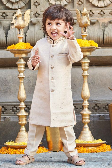 Buy All Boy Couture Beige Mukaish Work Achkan And Pajama Set For Boys Online | Aza Fashions Muga Silk, Mukaish Work, Boys Kurta, Dress Design Patterns, Saree Dress, Silk Pajamas, Designer Gowns, Design Patterns, Full Sleeves