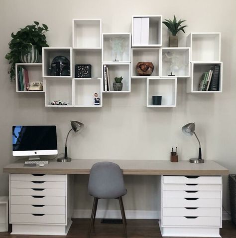 Floating Shelves Over Desk, Shelves Over Desk, Eket Ikea, Hemnes Bookcase, Armoire Ikea, Kallax Shelving, Ikea Eket, Ikea Desk Hack, Ikea Office