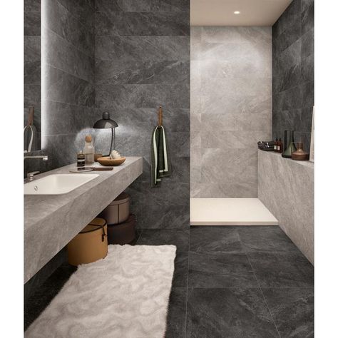 Grey Slate Bathroom, Slate Bathroom, Grey Bathroom Floor, Bathroom Wall Tile Design, Dark Gray Bathroom, Dark Grey Colour, Grey Bathroom Tiles, Dark Bathrooms, Bathroom Ensuite