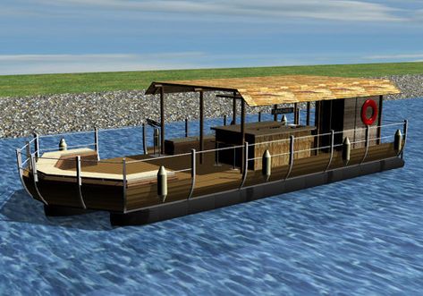 All types of pontoons, houseboats, and custom parts Pontoon Boat Decor, Tiki Boat, Tiny Home Designs, Tiny Home Ideas, Pontoon Houseboat, Bathroom Tiny, Boat Restaurant, Party Boats, Tiny Mobile House