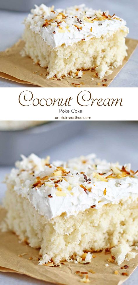 This Coconut Cream Cake is a coconut lovers dream. It’s easy to make & packed full of delicious coconut flavor! Light & fluffy coconut cake topped with creamy whipped cream & homemade toasted coconut makes this Coconut Cream Cake enjoyable from first bite to last. on kleinworthco.com Coconut Cream Poke Cake, Whipped Cream Homemade, Coconut Cream Cake, Rice Coconut, Fluffy Rice, Cream Icing, Coconut Cake Recipe, Rice Food, Coconut Dream