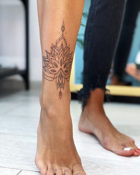 Leg Tattoos Women Ankle, Small Leg Tattoos Women Ankle, Tattoos For Women Mandala, Small Leg Tattoos Women, Ankle Tattoos For Women Mandala, Small Leg Tattoos, Small Spiritual Tattoos, Wrap Around Ankle Tattoos, Calf Tattoos For Women