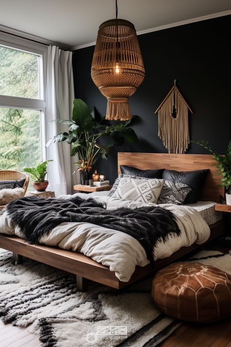 22 Boho Bedroom Decor Ideas Filled With Eclectic Charm Soft Boho Bedroom, Moody Boho Bedroom Ideas, Boho Moody Bedroom, Dark Guest Bedroom, Boho Bedroom With Black Furniture, Texas Bedroom Decor, Goth Boho Bedroom, Fun Guest Bedroom Ideas, Afro Boho Bedroom