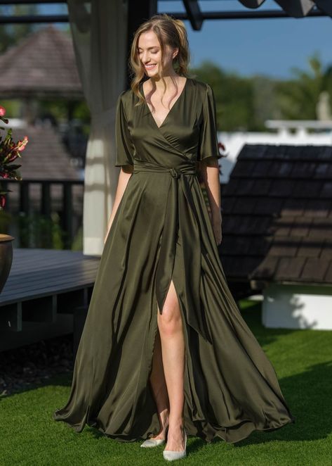 Dark olive wrap long dress, silk dress, wrap dress, bridesmaid dress, wedding guest dress, women dress, maxi dress, evening dress, long dress Green Silk Wrap Dress, Dark Olive Green Bridesmaid Dresses, Olive Green Silk Dress, Olive Green Dress Outfit, Olive Green Gown, Long Dress Silk, Wrap Long Dress, Olive Green Bridesmaid Dresses, Green Dress Outfit