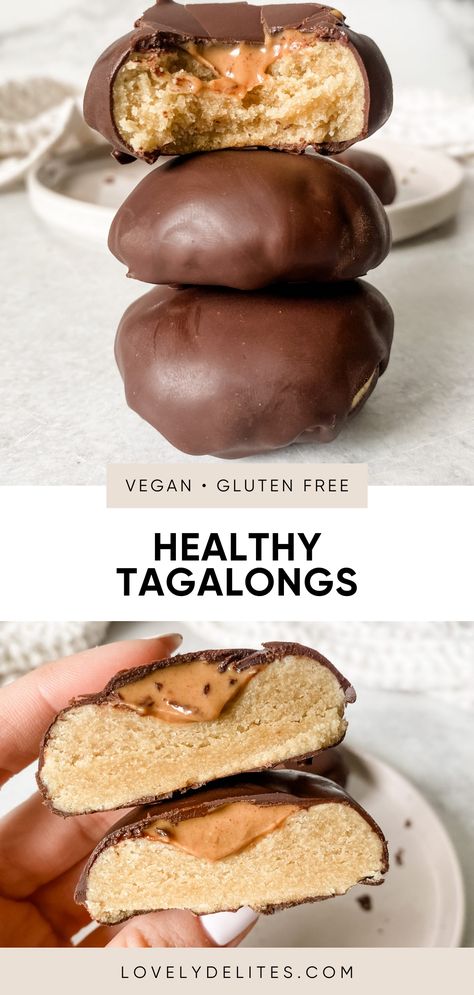 These vegan gluten free tagalongs are a favorite of mine. This girl scout cookie recipe is made with healthy ingredients like almond flour, natural peanut butter and no sugar added dark chocolate. Enjoy these homemade tagalongs all year long! Ella Vegan, Dessert Original, Vegan Baking Recipes, Healthy Sweet Treats, Vegan And Gluten Free, حلويات صحية, Gluten Free Sweets, Healthy Sweets Recipes, Natural Peanut Butter