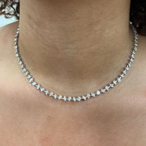 A fresh take on the classic tennis necklace, the 8 carat Multi-shape Diamond Tennis Necklace features prong-set pear, marquise, oval, and emerald-cut diamonds set 360° around the neck, allowing diamonds to sparkle from all angles. This product has a longer lead time and may take up to 5 weeks for delivery. Luxury Everyday Silver Diamond Necklace, Luxury Diamond Cut Sterling Silver Tennis Necklace, Luxury Sterling Silver Elegant Tennis Necklace, Luxury Silver Tennis Necklace For Evening, Diamond Tennis Necklace, Diamond Necklace Designs, Stacked Jewelry, Elegant Nails, Jewelry Lookbook