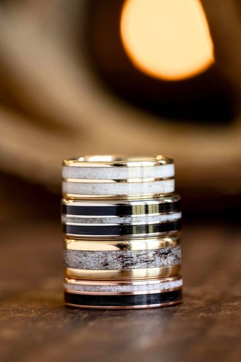 stack-of-four-rustic-antler-gold-wedding-rings-rustic-and-main Elk Antler Wedding Band, Antler Rings, Antler Wedding Rings, Antler Wedding Band, Mens Rings Wedding Diamond, Rustic Wedding Bands, Antler Wedding, Elk Antler, Antler Ring