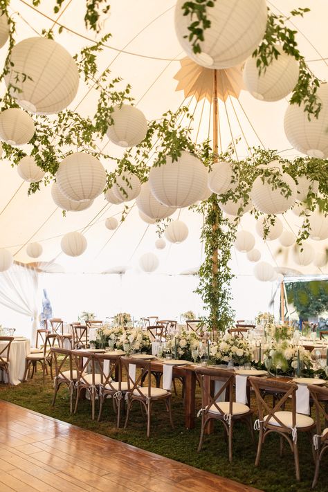 Patio Decorating Ideas For Wedding, Ceiling Draping With Greenery Wedding, Garden Party Lanterns, Paper Lanterns Marquee Wedding, Lantern Ceiling Wedding, White Paper Lanterns Wedding, Hanging Ceiling Decor Wedding, Paper Lantern Wedding Decor, Wedding Tent With Greenery