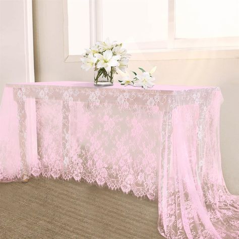 PRICES MAY VARY. Pink Lace Tablecloth: Pack of 2 lace table cloth measuring 60 by 120 inches (10 ft) and including 4 white ribbons. Suitable for use on rectangular or round tables. High Workmanship: Made of high-quality polyester lace fabic, soft touch, durable and reusable. Can use as table cloth, table runner, wedding arch or any other places you would like to decor. Embroidered Lace Tablecloth: With a classic floral design and scalloped edges. Perfect for wedding reception, birthday parties, Shabby Chic Party Decorations, Pink Fiesta Theme Party, Rustic Outdoor Party, Light Pink Birthday Party, Rectangle Wedding Tables, Pink Party Tables, Baby Shower Outdoor, Outdoor Dinning Table, Wedding Bridal Table