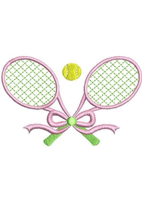 "This is a DIGITAL instant download only of Preppy Chic Crossed Tennis Racquets Motif/Monogram Frame with an Optional Bow and Tennis Ball machine embroidery design. Fun idea for clothing, baseball hats, cocktail napkins, totes, duffel bags and more!  Design widths*: 2\" 2 1/2\" 3\" 4\" 5\" *Sizes are approximate Tips:  Always do a test stitch out.  Please use a washable stabilizer topper for the bows on the two minis. I prefer to use basting stitches especially on tatami fill designs along with some sort adhesive spray or sticky tear away.  Jersey style fabrics benefit from floating on cutaway stabilizers (including no show stabilizers for thinner fabrics). Re-sizing is not advised due to potential distortion.  Please utilize compatible embroidery software and embroidery machines.   Machin Tennis Embroidery Designs, Embroidery Graphic Design, Embroideries Designs, Tennis Merch, Tennis Embroidery, Tennis Ball Machine, Photo Embroidery, Machine Embroidery Designs Projects, Bow Embroidery