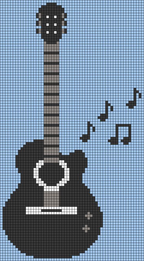 Cross Stitch Guitar, Guitar Alpha Pattern, Crochet Guitar Pattern Free, Pixel Art Pattern For Crochet, Music Alpha Pattern, Guitar Pixel Art, Guitar Cross Stitch Pattern, Music Pixel Art, Templat Kotak