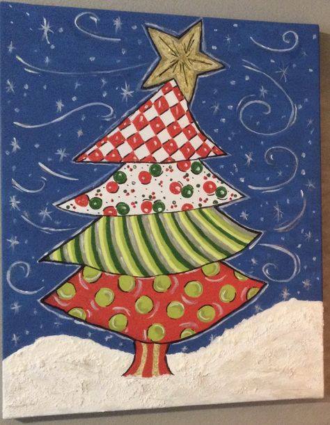 Acrylic Painting Christmas Tree, Pop Art Christmas Tree, Whimsical Christmas Tree Painting, Christmas Tree Painting For Kids, Christmas Tree Painting Canvases, Christmas Tree Painting Easy, Whimsical Christmas Art, Tree Painting Easy, Social Easel