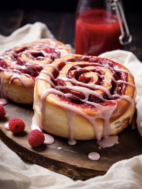 Cinnamon Rolls Decoration, Raspberry Cinnamon Rolls, Cinnamon Rolls Aesthetic, Bun Aesthetic, Colorful Breakfast, Lemon Glaze, Cinnamon Bun, Baking Muffins, Baked Goodies