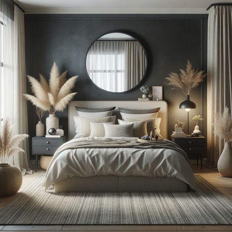 "Modern, rustic bedroom with large bed, upholstered headboard, white and beige pillows, textured throw blanket, round mirror, nightstand with vases, black lamp, sheer curtains, plants, and woven rug." Dark Grey Walls Bedroom, Wall Nightstand, Black And Cream Bedroom, Modern Rustic Bedroom, Creative Bedroom Ideas, Rustic Chic Bedroom, Tan Bedroom, Black And Grey Bedroom, Moody Bedroom Ideas