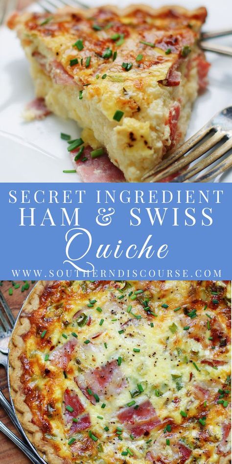 Secret Ingredient Ham & Swiss Quiche - southern discourse Ham Swiss Quiche, Ham And Swiss Quiche, Swiss Quiche, Southern Discourse, Ham And Cheese Quiche, Quiche Lorraine Recipe, Ham And Swiss, Breakfast Quiche Recipes, Quiche Recipes Easy