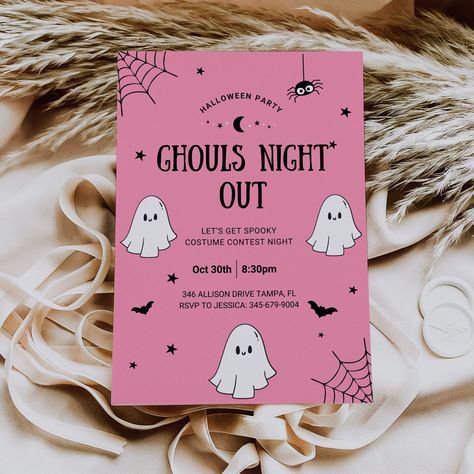 Spooky Girls Night, Halloween Girls Night, Halloween Invitation Card, Hot Pink Decor, Christmas Recipe Cards, Ghouls Night, Halloween Party Invite, Halloween Invite, Halloween Party Night