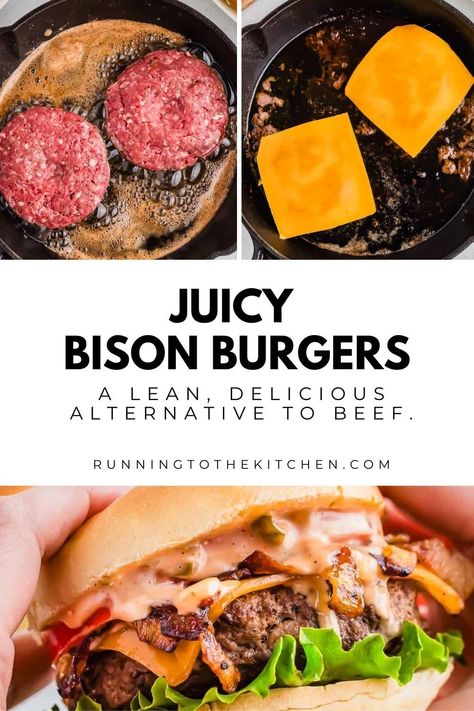 Indulge in the quintessential American burger experience with these bison burgers—crafted with lean ground bison for a healthier twist on the classic. Whether cooked on the stove-top or grill, they're perfectly juicy and tender, topped with melted cheddar and a delectable burger sauce that elevates every bite. Once you try them, you won't even miss beef! Buffalo Burgers Recipe, Bison Hamburger Recipes, Bison Smash Burger, Bison Burgers In Air Fryer, Ground Bison Burger Recipe, Buffalo Burger Recipe, Bison Burgers Recipe, Bison Burgers Seasoning, Bison Recipes Healthy