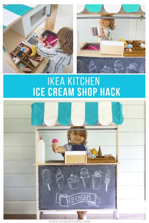 Cute Ikea Duktig Mini-Kitchen Hack Wooden Ice Cream Shop Makeover. Easy DIY Striped Awning + Chalk Board Sign Open-ended pretend dramatic play for toddlers, children, preschoolers, kids. Lemonade Stand, Hot Dog Stand, Bodega, Cafe, Coffee Shop, Flower Stand, Food Truck, Cash register, Sensory Play Ikea Kitchen Role Play, Ikea Kitchen Hack Kids Shop, Ikea Duktig Ice Cream Shop, Ikea Kitchen Ice Cream Stand, Pretend Play Ice Cream Shop, Ikea Kids Kitchen Makeover, Ice Cream Stand Diy, Dramatic Play For Toddlers, Diy Ice Cream Stand