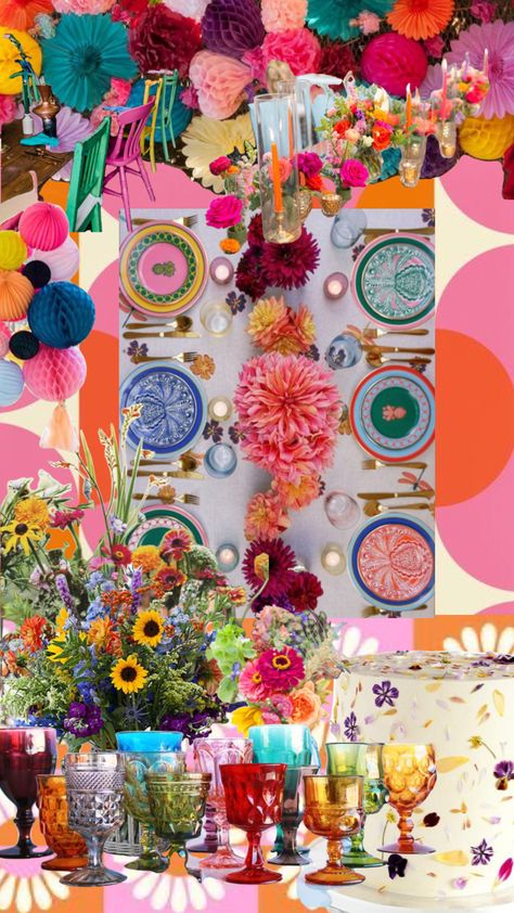 Colourful wedding inspo #wedding #colourful #aesthetic #fun Maximalist Wedding Decor, Bright Colours Aesthetic, Zante Wedding, Multicoloured Wedding, Multicolour Wedding, Colorful Wedding Decorations, Wedding Food Table, Colourful Aesthetic, 25th Bday